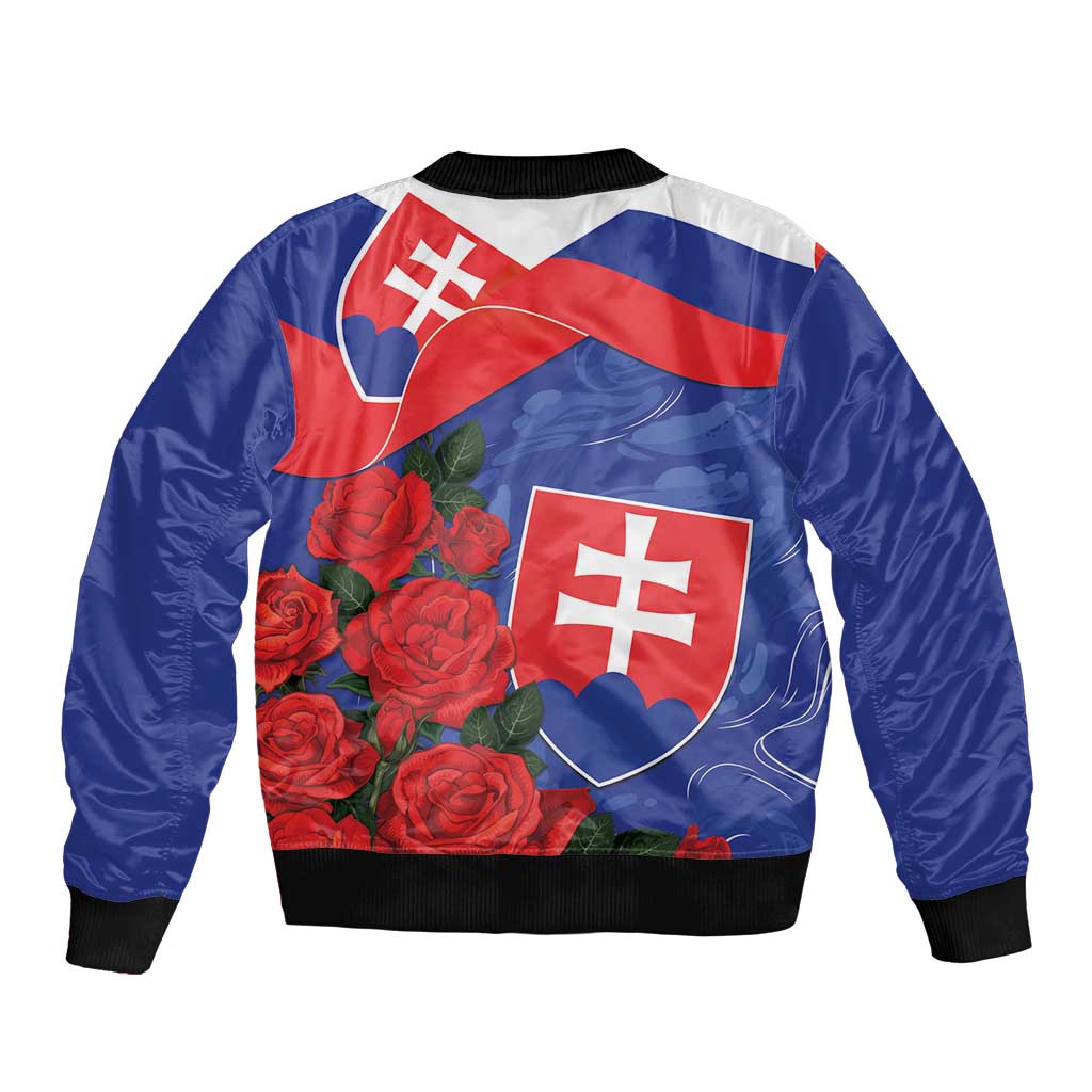 Unisex blue bomber jacket with zip, Slovak flag shield, red roses, black rib trim