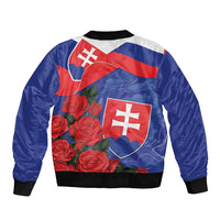Unisex blue bomber jacket with zip, Slovak flag shield, red roses, black rib trim
