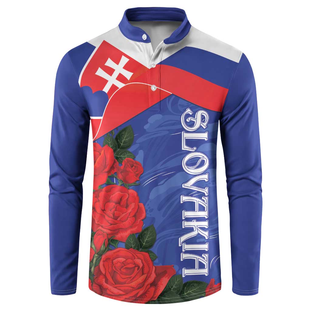 Button-up sweatshirt with Slovak flag roses graphic, navy blue sleeves, gray collar