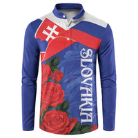 Button-up sweatshirt with Slovak flag roses graphic, navy blue sleeves, gray collar