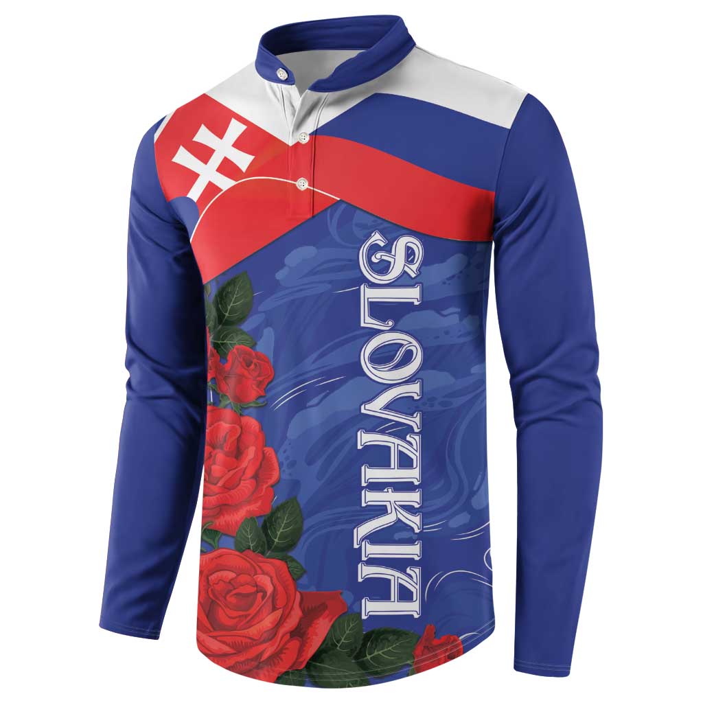 Button-up sweatshirt with Slovak flag roses graphic and vertical script emblem, blue-gray