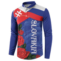 Button-up sweatshirt with Slovak flag roses graphic and vertical script emblem, blue-gray