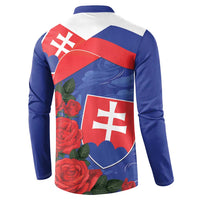 Back-view button-up sweatshirt with Slovak flag roses print and crest, blue sleeves