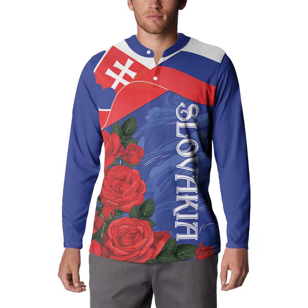 Front-view button-up sweatshirt with Slovak flag roses and vertical emblem, blue sleeves