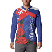 Front-view button-up sweatshirt with Slovak flag roses and vertical emblem, blue sleeves