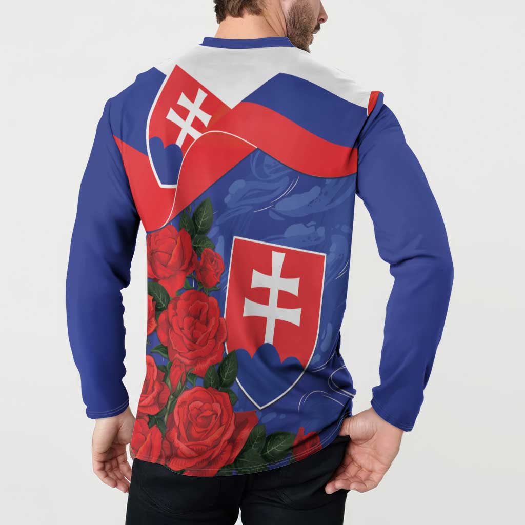 Back-view button-up sweatshirt with Slovak flag roses print and shield crest, blue sleeves