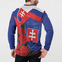 Back-view button-up sweatshirt with Slovak flag roses print and shield crest, blue sleeves