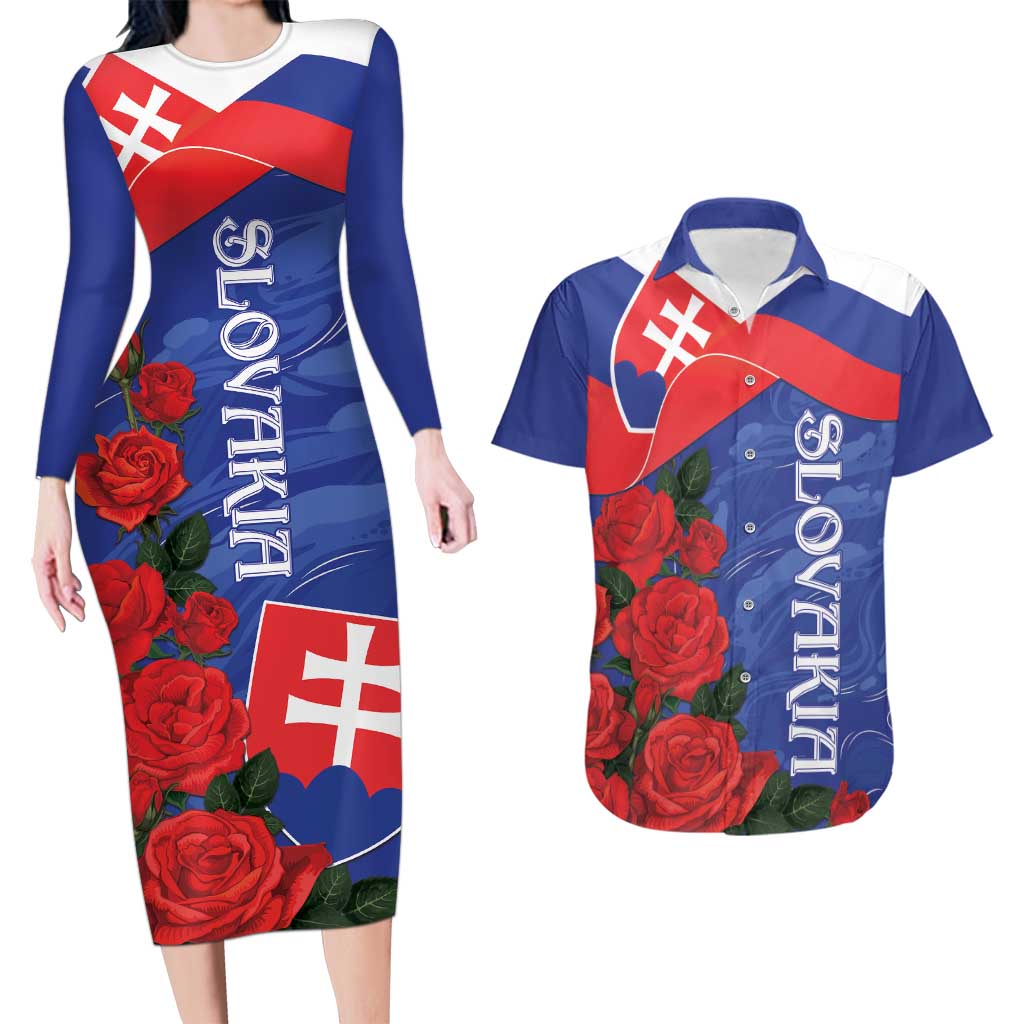 Slovakia Flag Mixed Rose Flowers Couples Matching Long Sleeve Bodycon Dress and Hawaiian Shirt LT9 - Wonder Print Shop