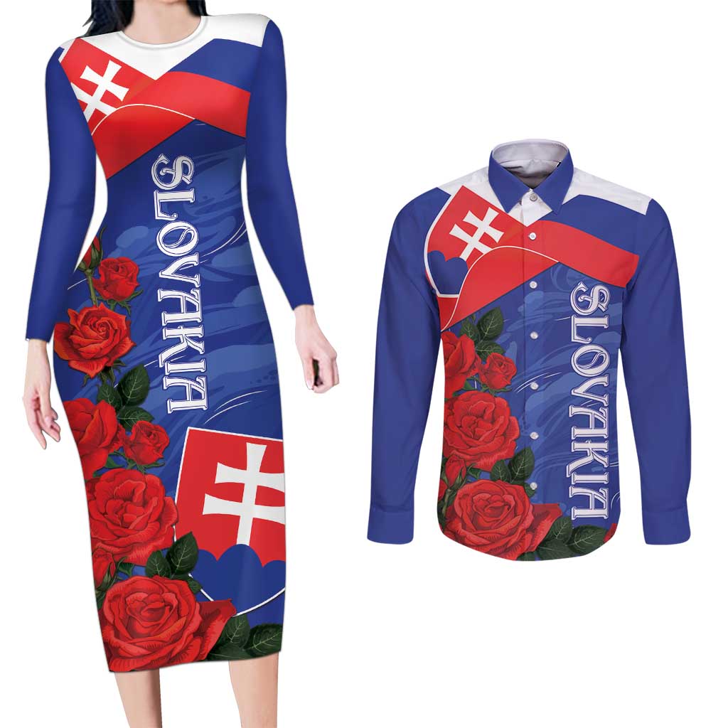 Slovakia Flag Mixed Rose Flowers Couples Matching Long Sleeve Bodycon Dress and Long Sleeve Button Shirt LT9 - Wonder Print Shop