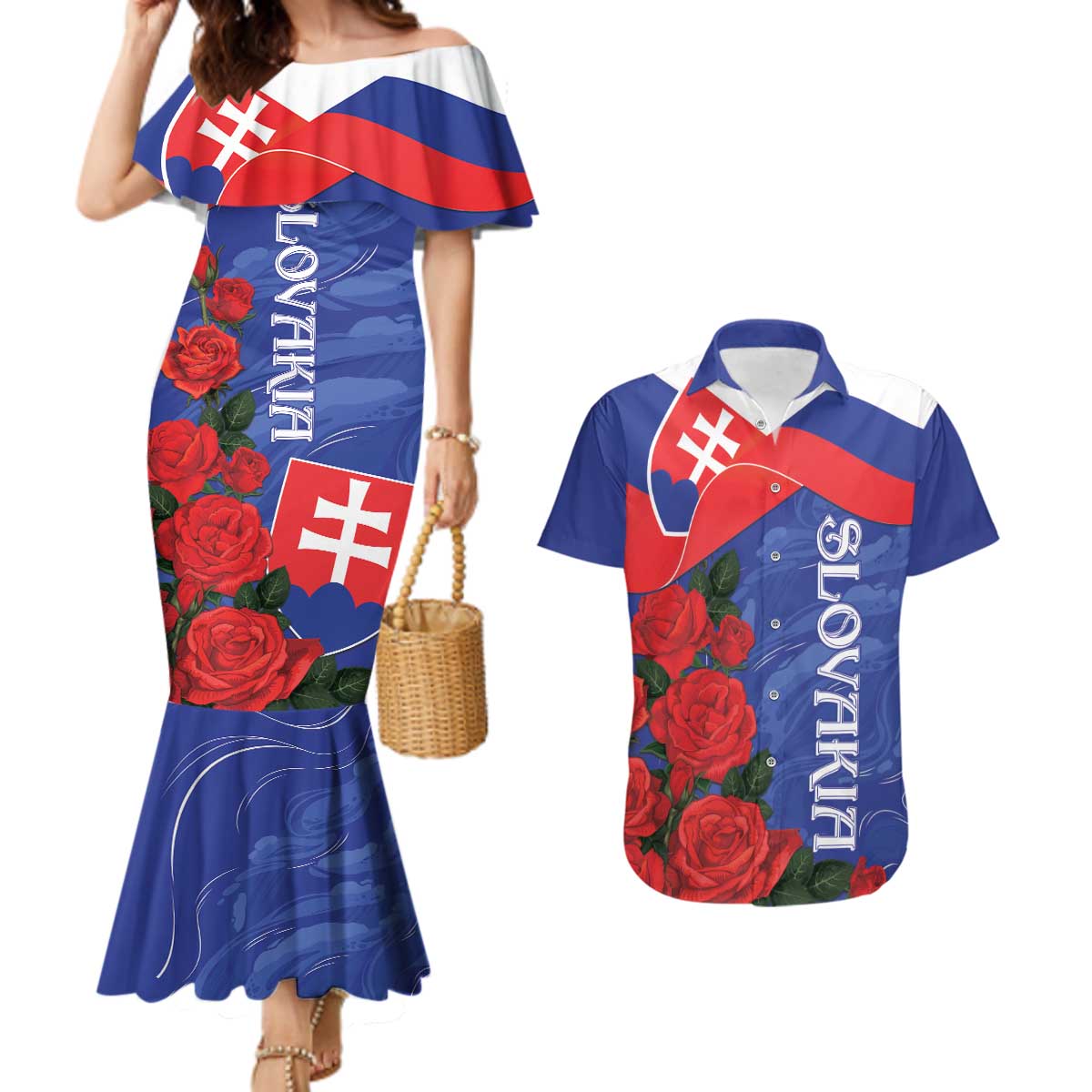 Slovakia Flag Mixed Rose Flowers Couples Matching Mermaid Dress and Hawaiian Shirt LT9 - Wonder Print Shop