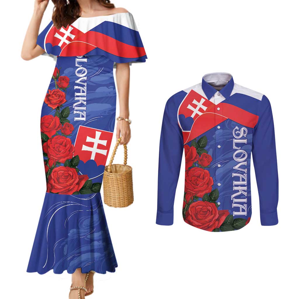 Slovakia Flag Mixed Rose Flowers Couples Matching Mermaid Dress and Long Sleeve Button Shirt