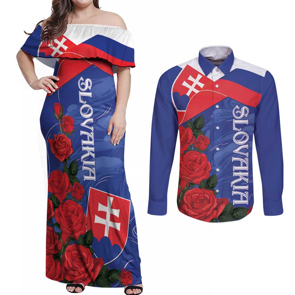 Slovakia Flag Mixed Rose Flowers Couples Matching Off Shoulder Maxi Dress and Long Sleeve Button Shirt LT9 - Wonder Print Shop