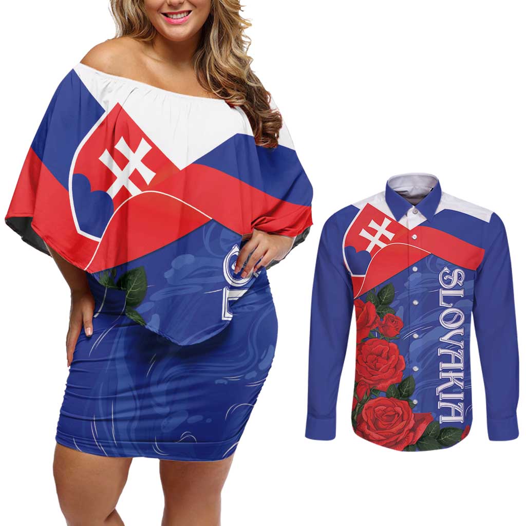 Slovakia Flag Mixed Rose Flowers Couples Matching Off Shoulder Short Dress and Long Sleeve Button Shirt LT9 - Wonder Print Shop