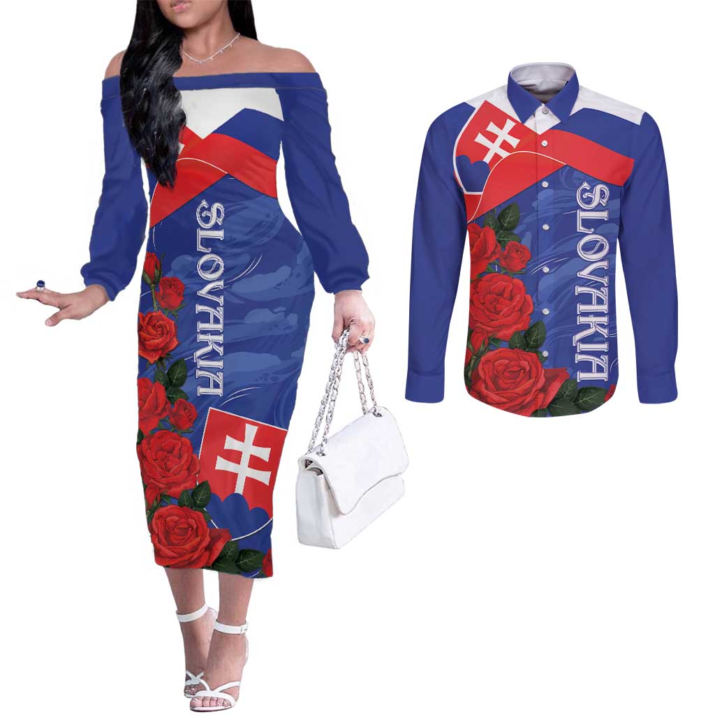 Slovakia Flag Mixed Rose Flowers Couples Matching Off The Shoulder Long Sleeve Dress and Long Sleeve Button Shirt