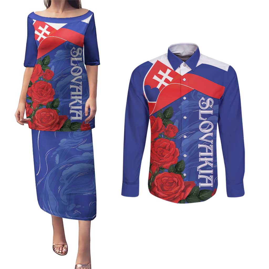 Slovakia Flag Mixed Rose Flowers Couples Matching Puletasi and Long Sleeve Button Shirt LT9 - Wonder Print Shop