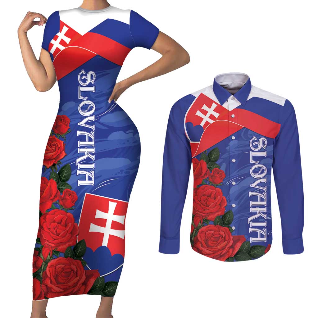 Slovakia Flag Mixed Rose Flowers Couples Matching Short Sleeve Bodycon Dress and Long Sleeve Button Shirt LT9 - Wonder Print Shop