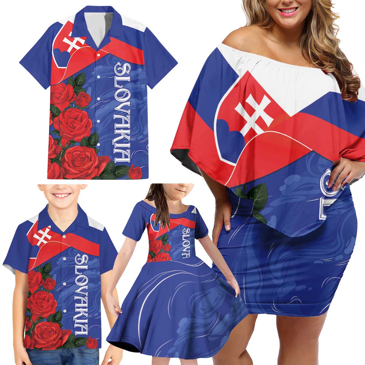 Slovakia Flag Mixed Rose Flowers Family Matching Off Shoulder Short Dress and Hawaiian Shirt LT9 - Wonder Print Shop