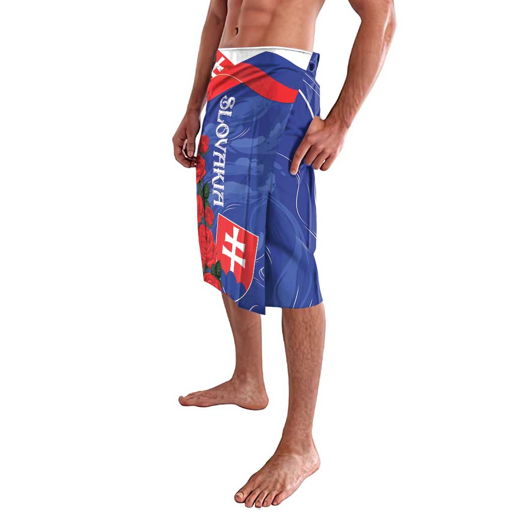 Blue drawstring shorts with Slovakia flag panel and rose flower accents, side view