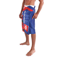 Blue drawstring shorts with Slovakia flag panel and rose flower accents, side view