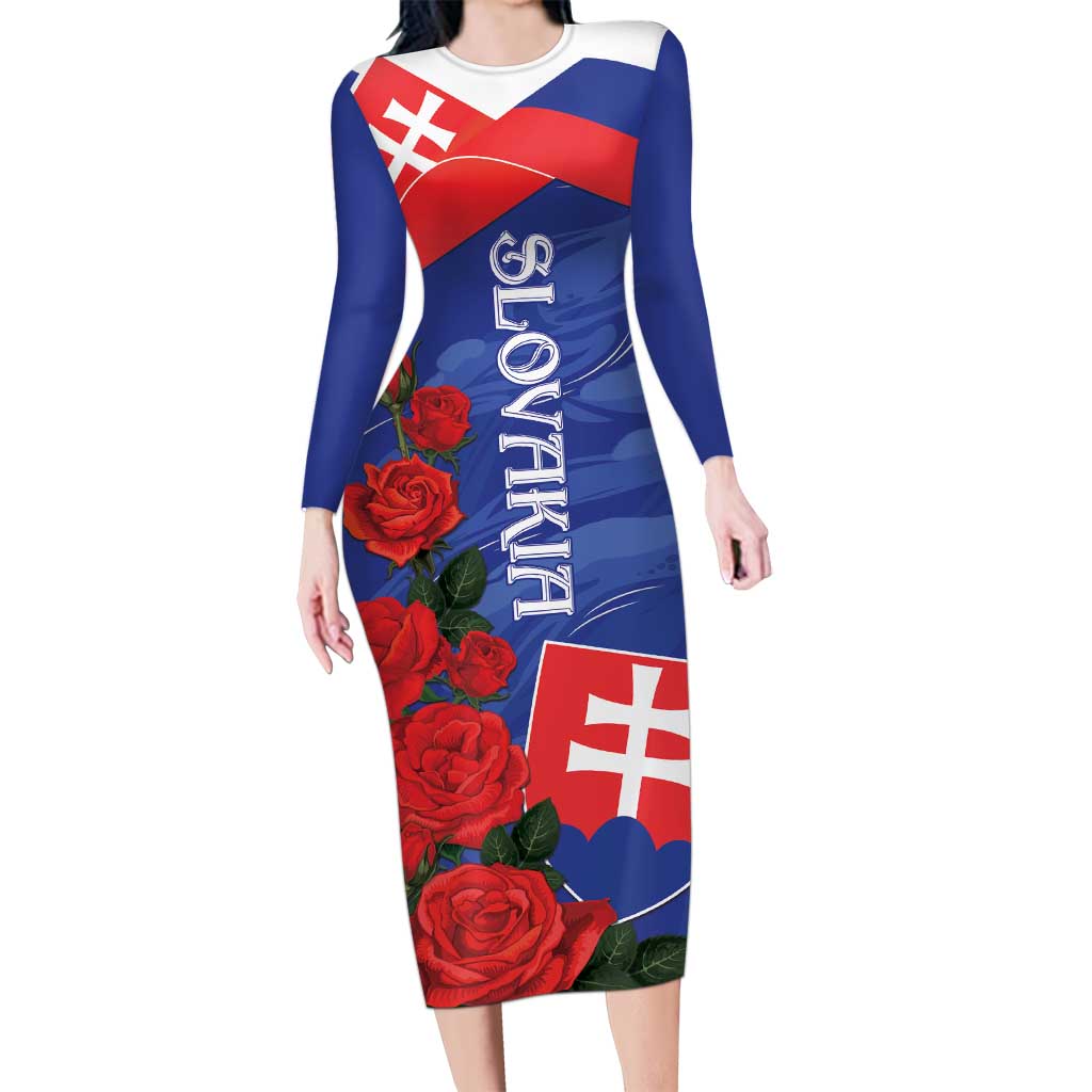 Slovakia Flag Mixed Rose Flowers Long Sleeve Bodycon Dress - Wonder Print Shop