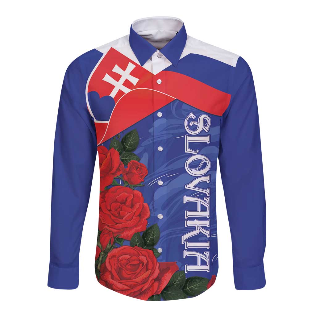 Blue long-sleeve button shirt with red roses and Slovakia flag front graphic
