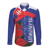 Blue long-sleeve button shirt with red roses and Slovakia flag front graphic