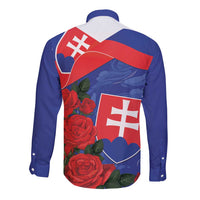 Back of blue long-sleeve button shirt with red roses and Slovakia flag heart graphic