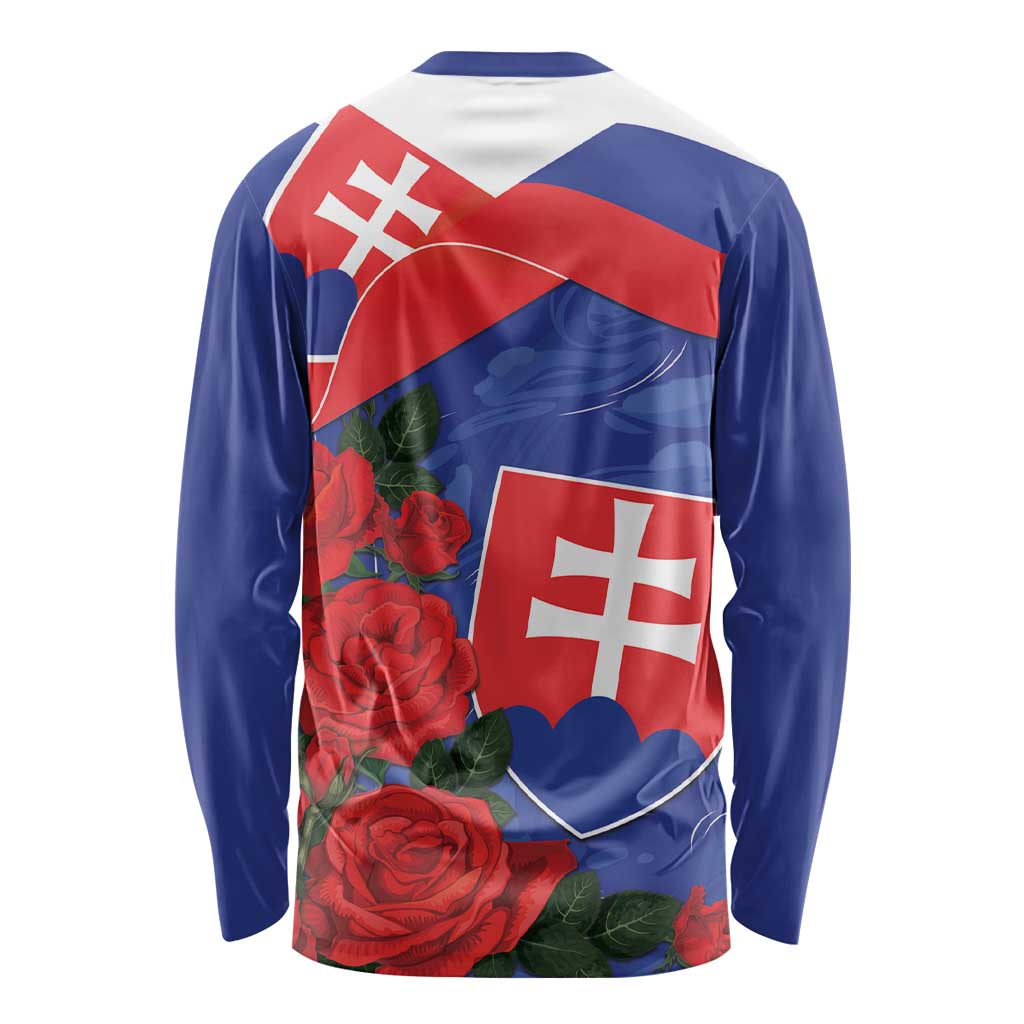 Unisex long-sleeve shirt with blue back, red-white Slovakia flag and rose floral print