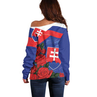 Women’s off-shoulder sweater, blue back with Slovak flag heart and rose graphic