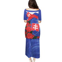 Blue long maxi dress, back view, Slovak flag and red rose floral print, short sleeves