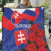 Slovakia flag rose quilt, quilted blanket with Slovakia text, flags, and red roses