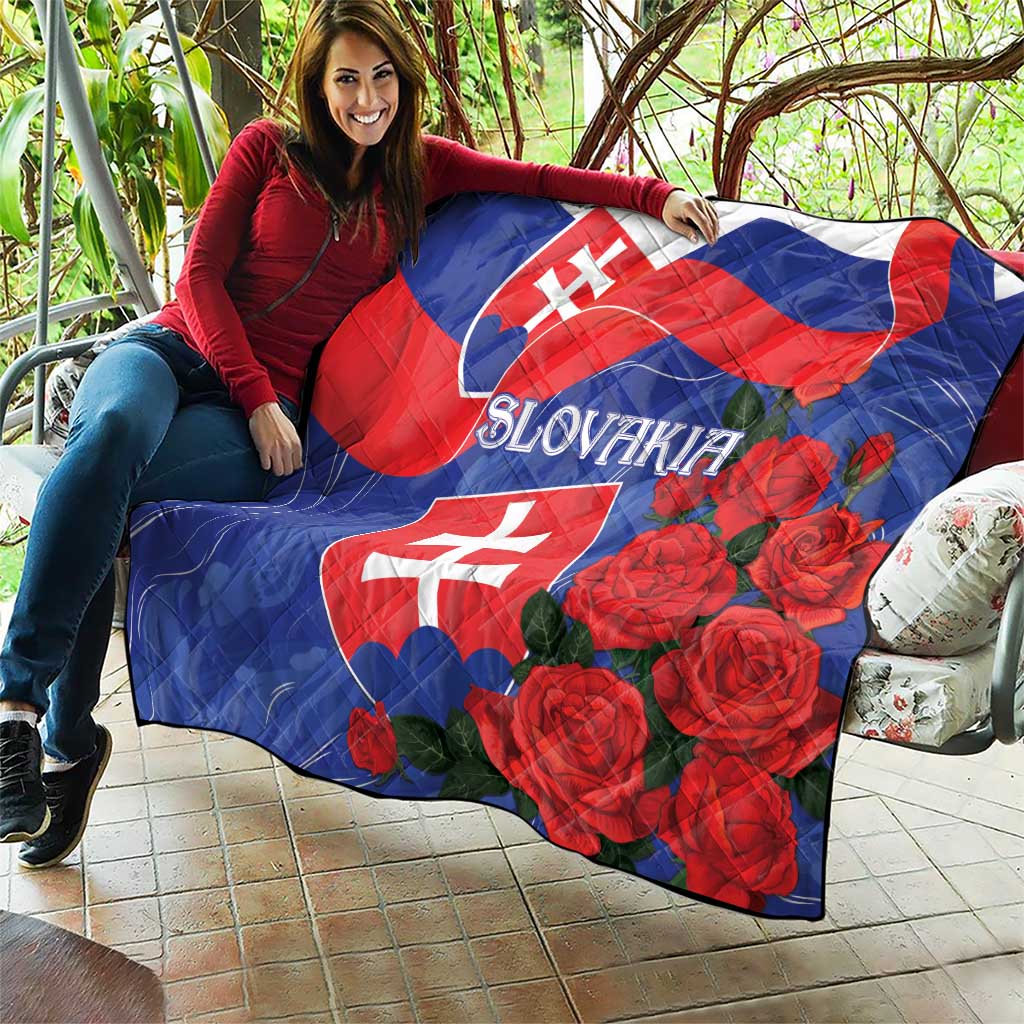 Slovakia flag rose quilt, blue backing with red roses and flag motifs
