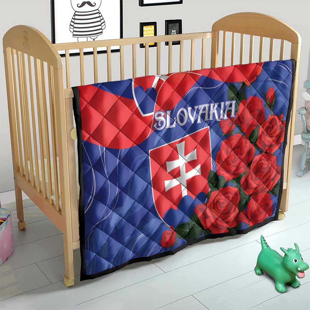 Slovakia flag rose quilt for crib, blue-red quilt with rose accents and Slovakia text
