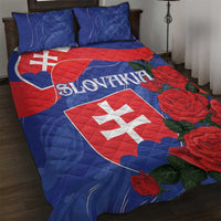 Blue and red Slovakia flag quilt with rose pattern and two matching pillowcases