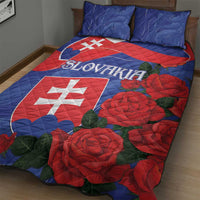 Blue and red rose quilt with Slovakia text and flag shield, two pillowcases