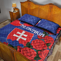 Blue and red quilt bed set with Slovakia flag shield and red rose prints, two pillows