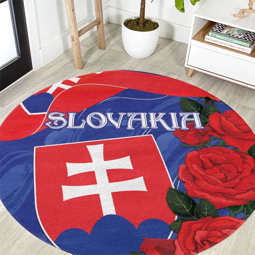 Round area rug with Slovakia flag design, white text and red rose flowers, blue border