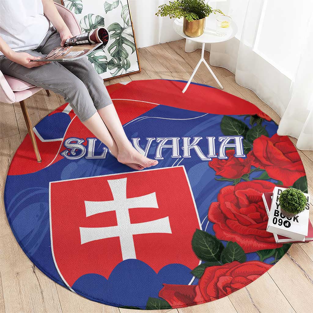 Round area rug showing Slovakia flag with large cross, roses, and 'SLOVAKIA' lettering