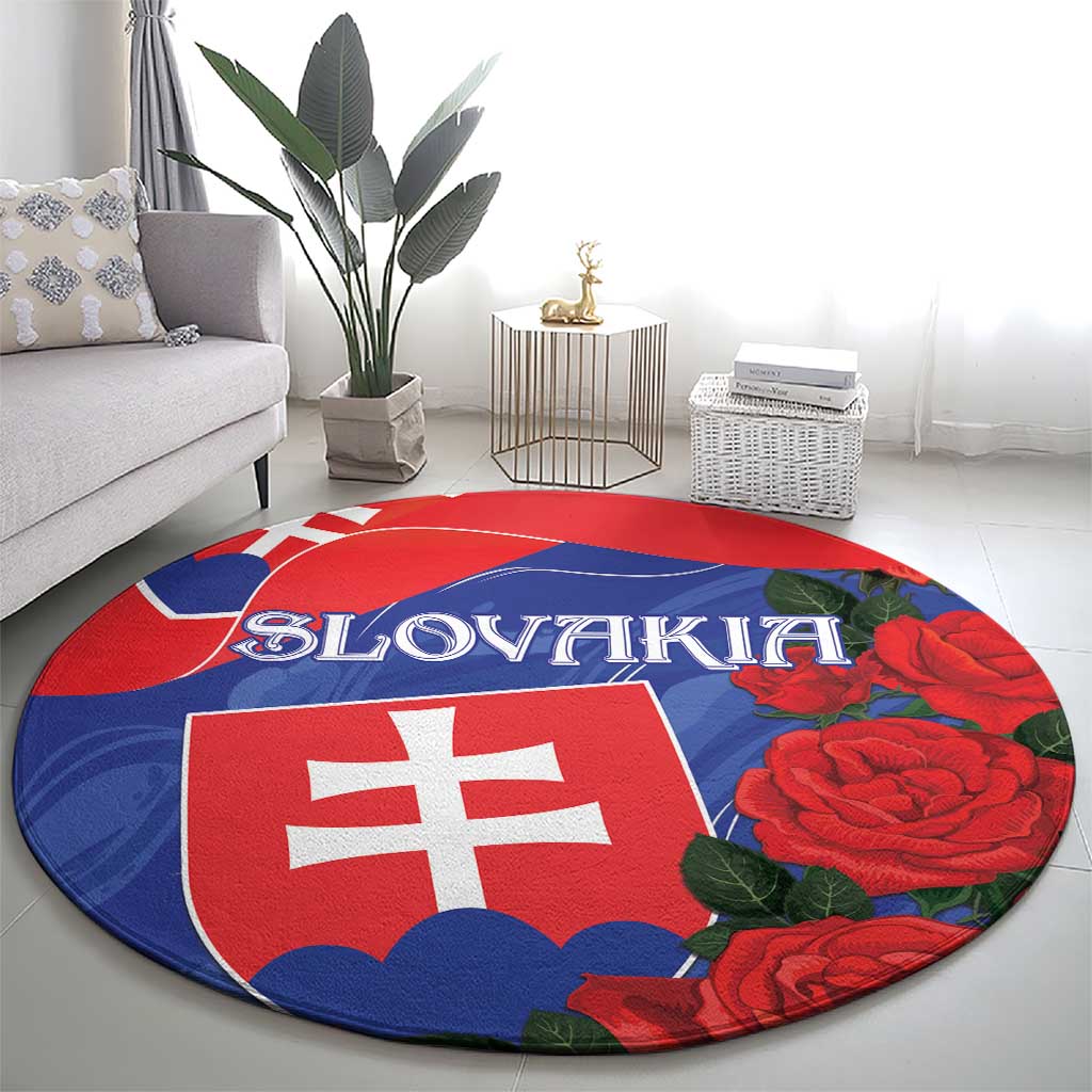 Round area rug with Slovakia flag and red roses, blue shapes, 'SLOVAKIA' centered