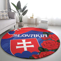 Round area rug with Slovakia flag and red roses, blue shapes, 'SLOVAKIA' centered