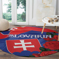 Round area rug with red-and-blue Slovakia flag, white cross, and red rose corner