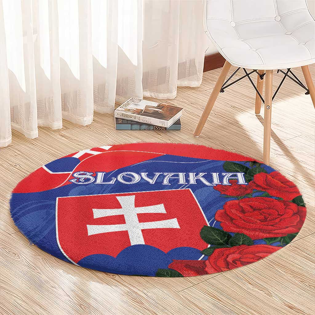 Round area rug with 'SLOVAKIA' text, Slovakia flag cross, and red rose detailing