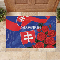 Slovakia flag rubber doormat with red rose cluster and white shield emblems on blue