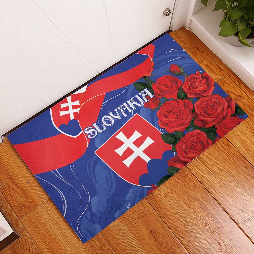Slovakia flag rubber doormat with red roses and white shields, blue and red layout