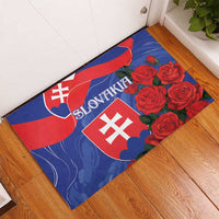 Slovakia flag rubber doormat with red roses and white shields, blue and red layout