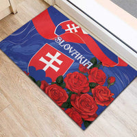 Slovakia flag rubber doormat with red roses, wave pattern, and white shield symbols