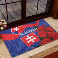 Slovakia flag rubber doormat with red roses and white shield emblems, blue/red print