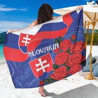 Slovakia flag sarong with red rose print and crest, blue wrap with 'SLOVAKIA' text