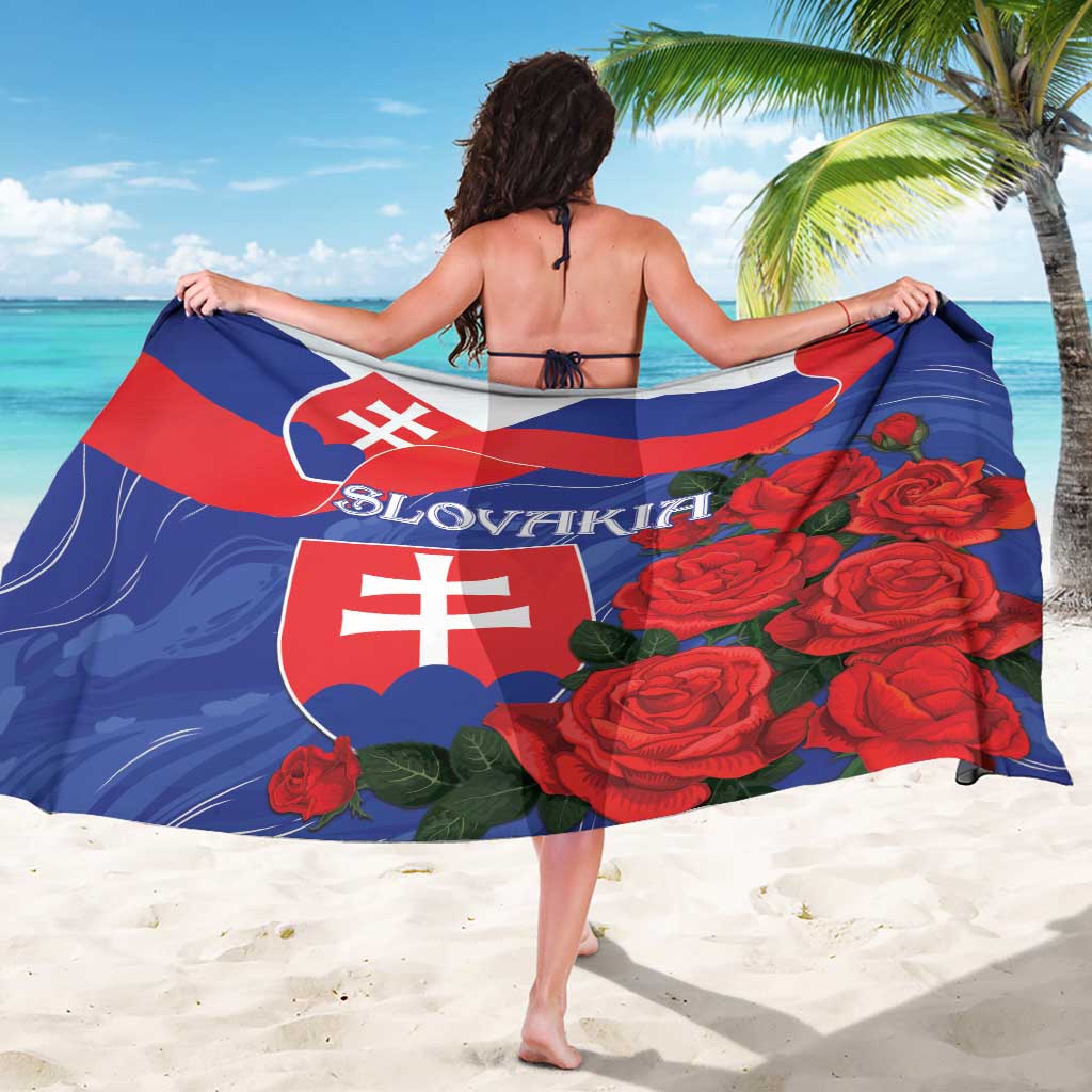 Slovakia flag sarong draped on back view, red roses and crest with 'SLOVAKIA' lettering