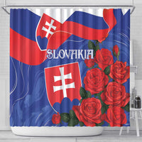 Slovakia flag and rose shower curtain in blue/red with shield and lettering